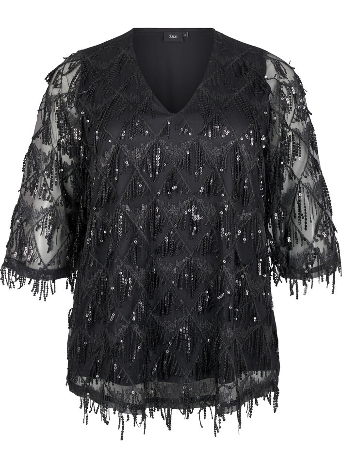 Party blouse met pailletten franjes en 3/4 mouwen, Black, Packshot image number 0