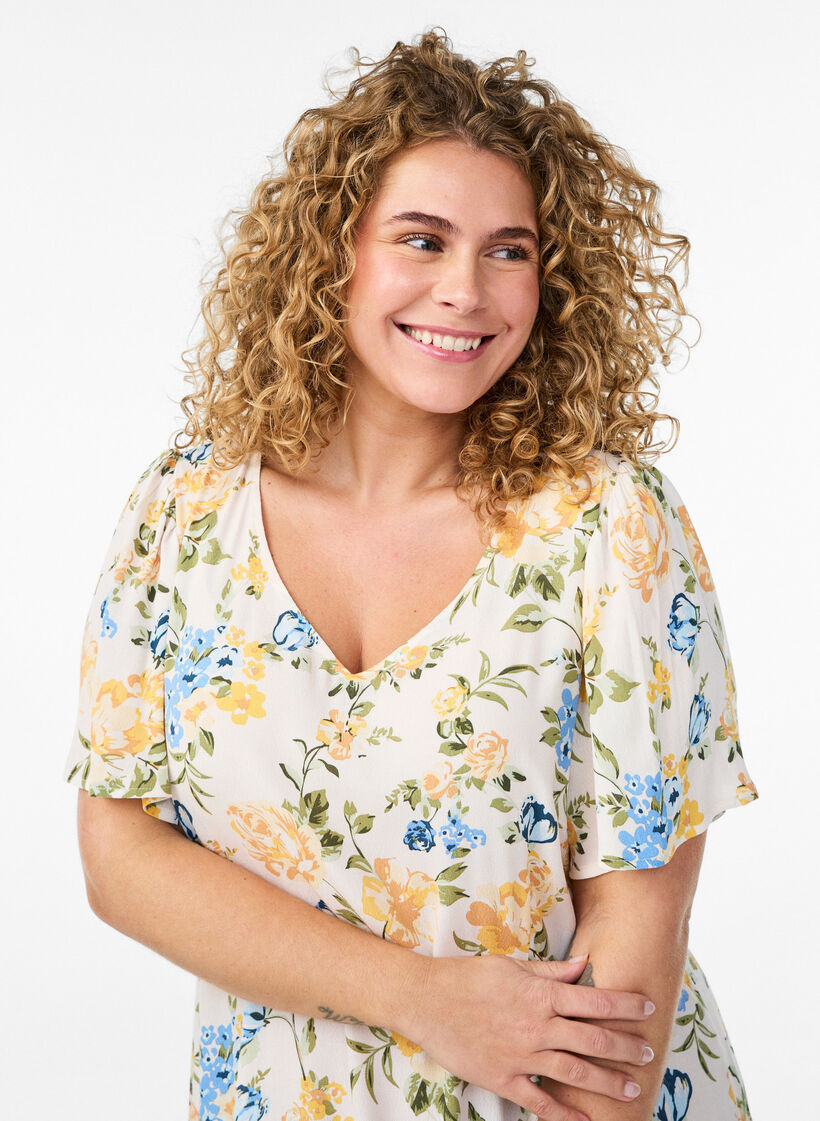 Viscose midi-jurk met bloemenprint, Blauw, Model image number 2