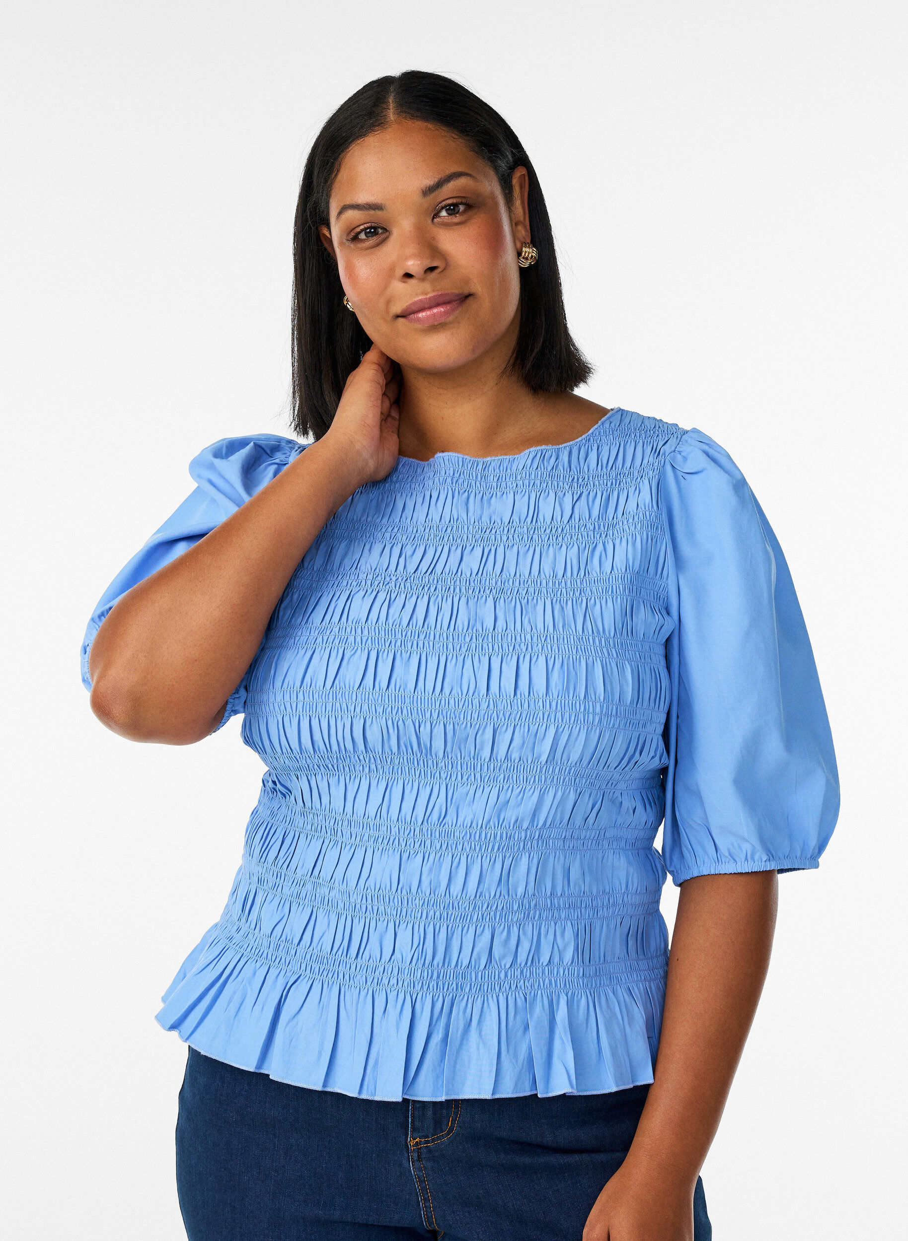 ZizziSmock blouse met volantzoom en boothals, Blauw, Model image number 0