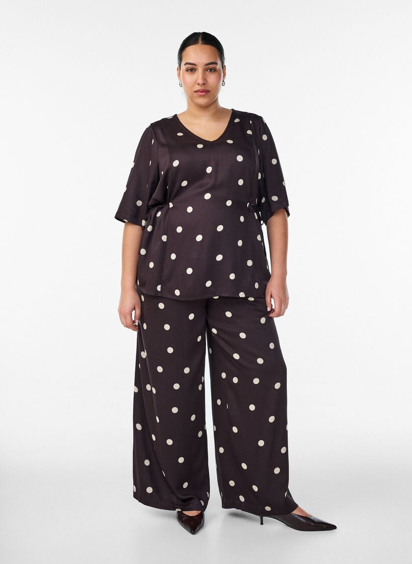 Viscose broek met stippen en wijde pijpen, Bruin, Model image number 0
