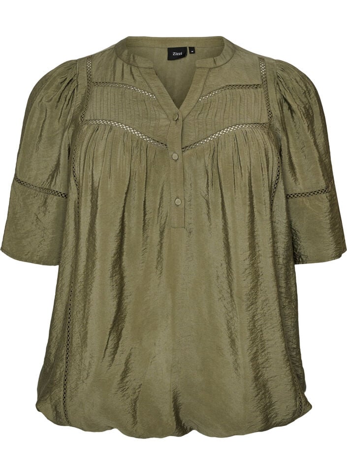 Viscose blouse met plooien en balloneffect, Groen, Packshot image number 0