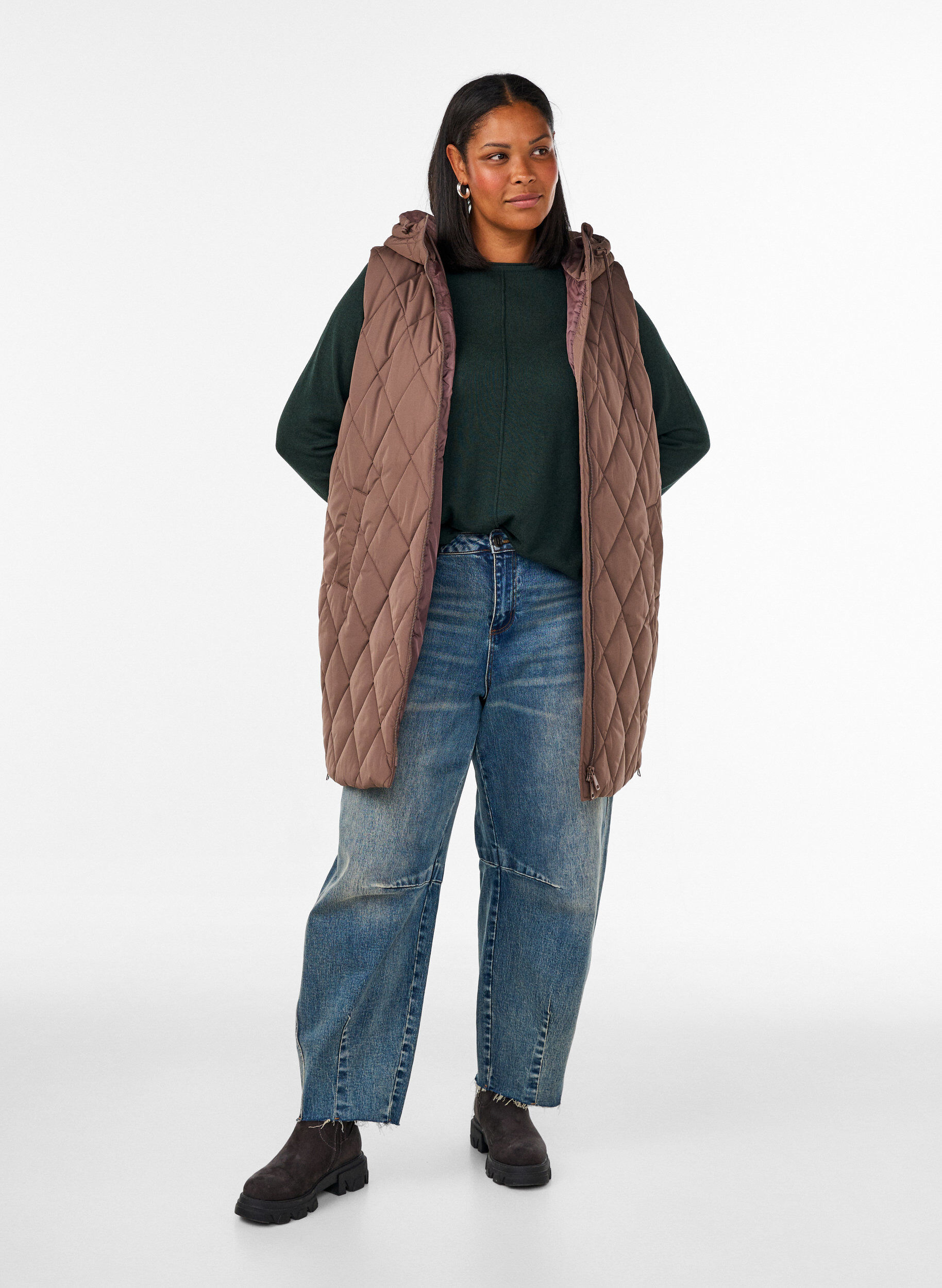 ZizziHalflang gewatteerd gilet met capuchon, Bruin, Model image number 1