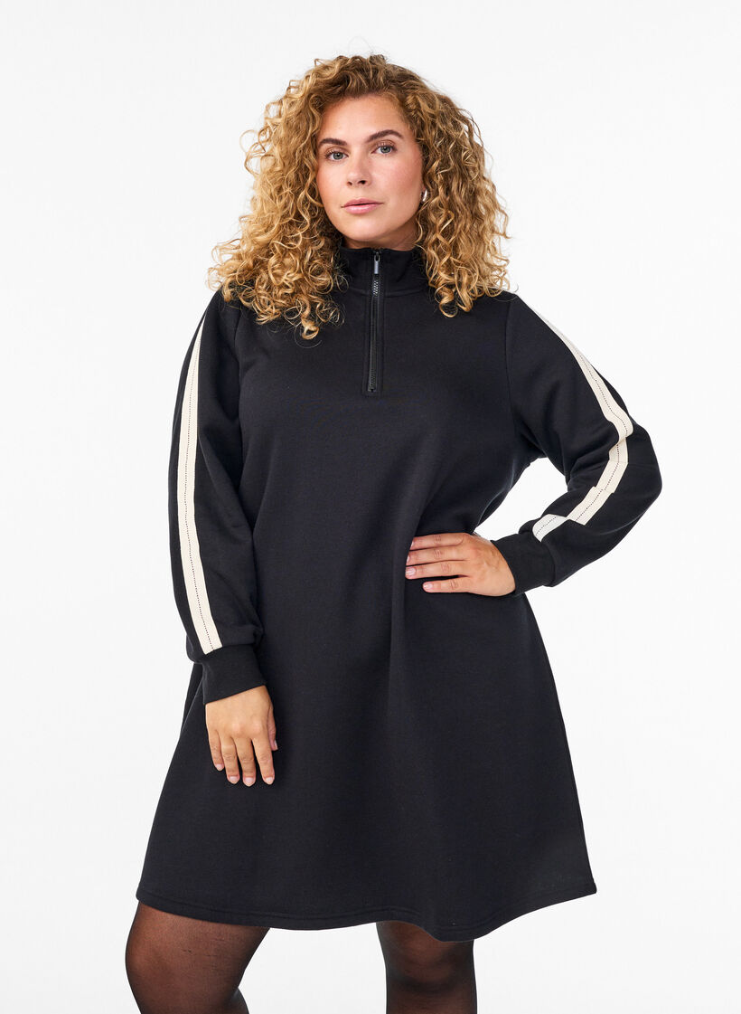 Korte sweatshirtjurk met een hoge hals, Zwart, Model image number 0