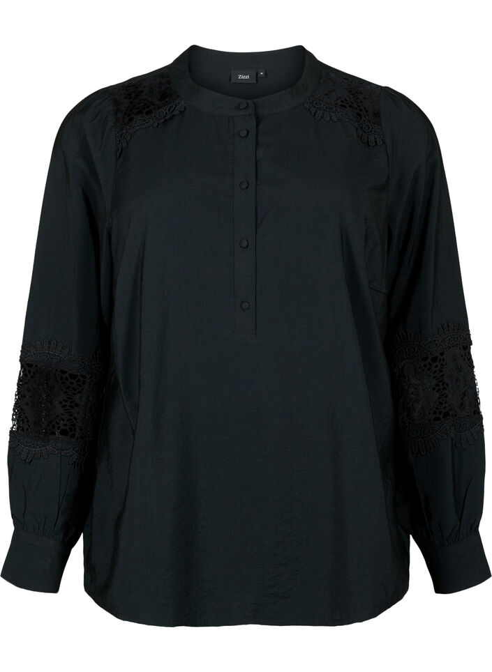 Blouse van viscose met gehaakte details, Black, Packshot image number 0