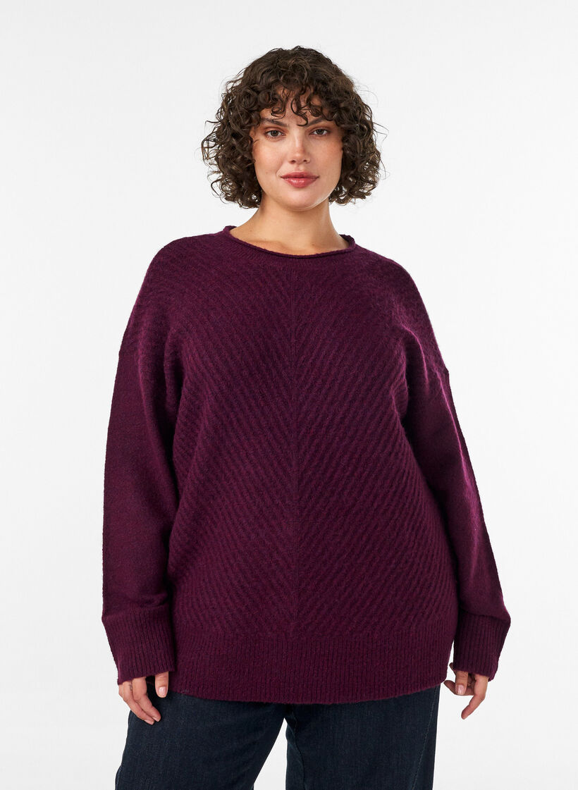 Gebreide blouse met V-vormig geribd patroon en zijsplitjes, Rood, Model image number 0
