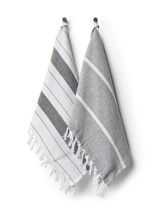 2-pack gestreepte handdoek met franjes, 2-Pack Grey, Packshot image number 0
