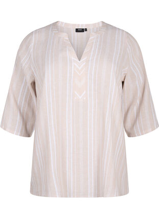 Gestreepte blouse in een mix van linnen en viscose, Beige White Stripe, Packshot image number 0