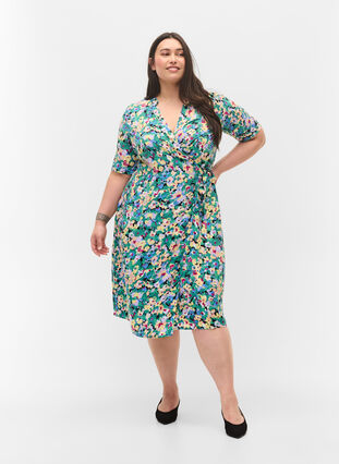 Viscose midi-jurk met overslag, Multi AOP, Model image number 2