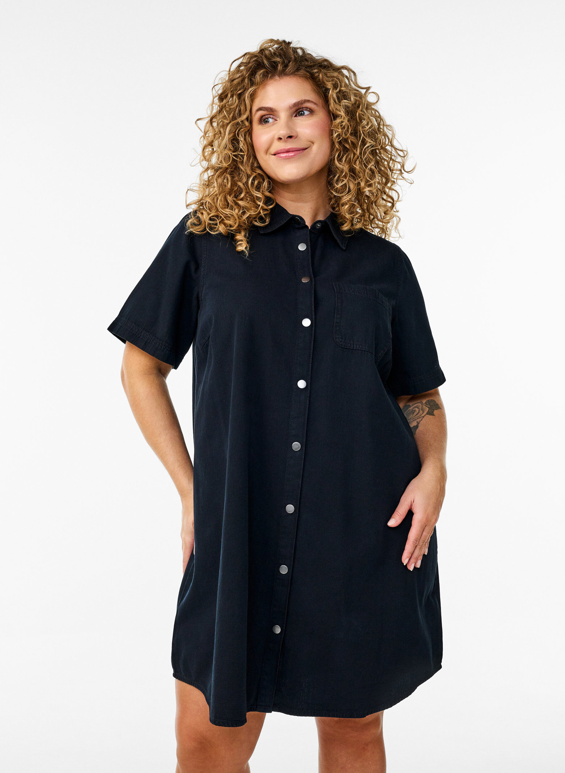ZizziDenim shirtjurk met korte mouwen, Zwart, Model image number 0
