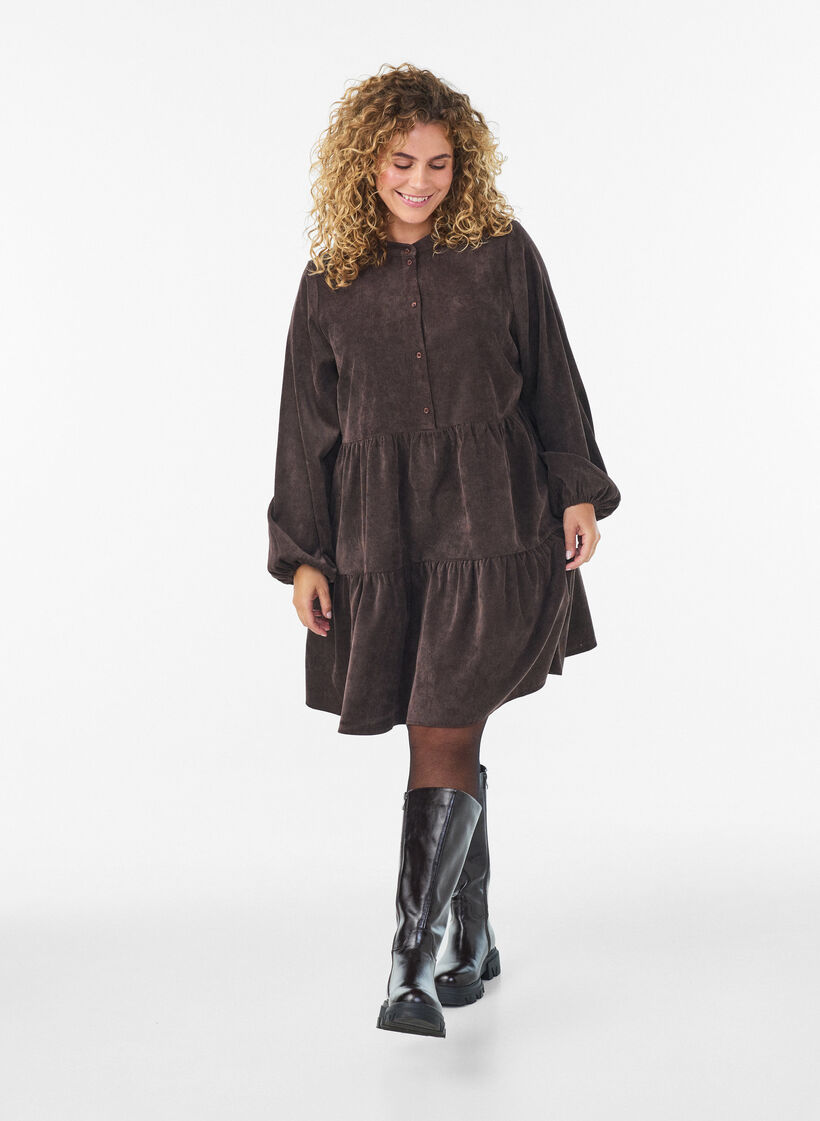 Corduroy jurk met A-lijn en opstaande kraag, Bruin, Model image number 1