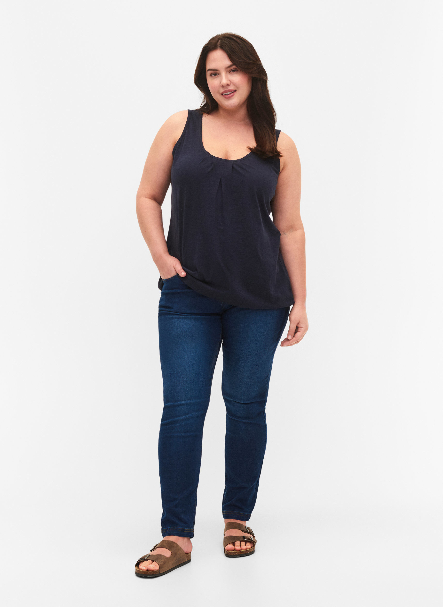 Zizzi Katoenen top met kanten rand, Navy Blazer, Model image number 2