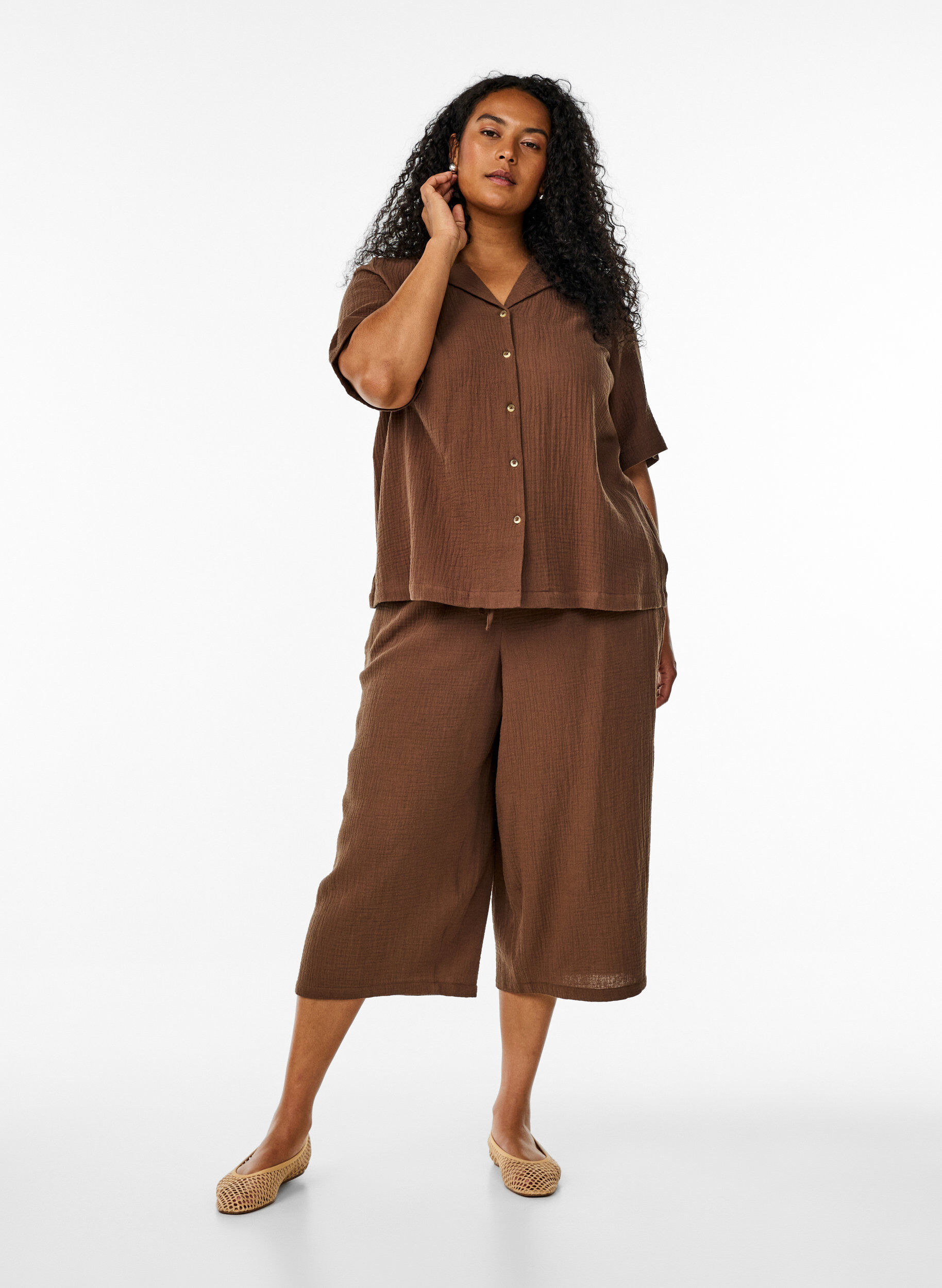 ZizziCulotte broek van katoen met hoge taille, Bruin, Model image number 0