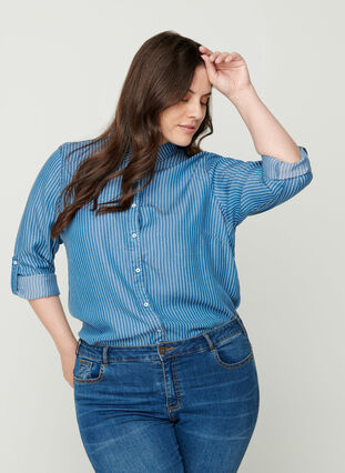 Gestreepte blouse in lyocell, Blue denim, Model image number 0