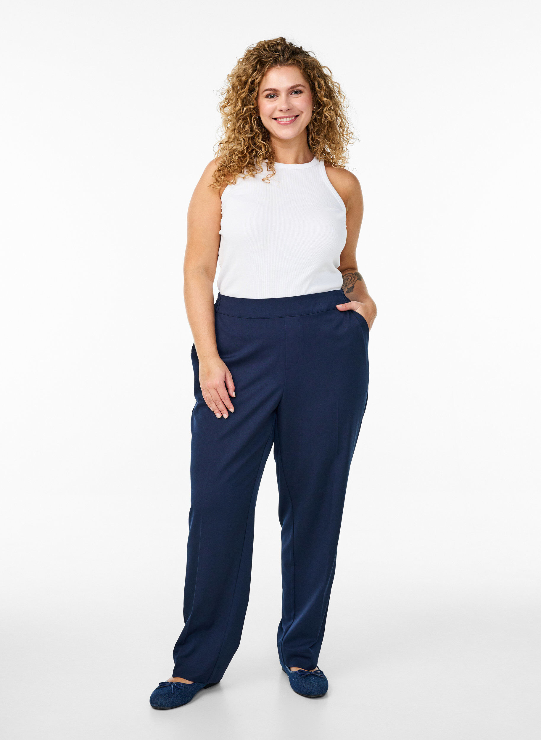 Zizzi Losse broek met hoge taille, Blauw, Model image number 0