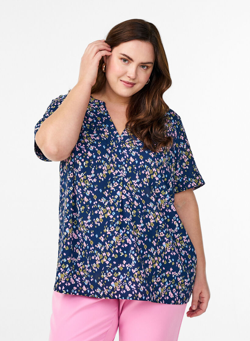 Blouse met korte mouwen en V-hals, Roze, Model image number 0