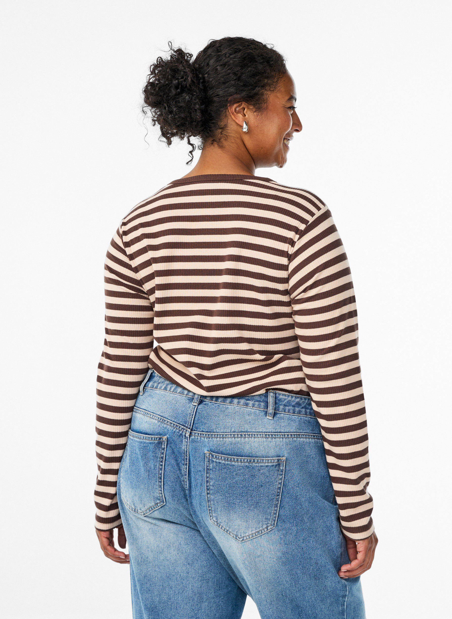 ZizziGestreepte blouse met lange mouwen, Bruin, Model image number 2