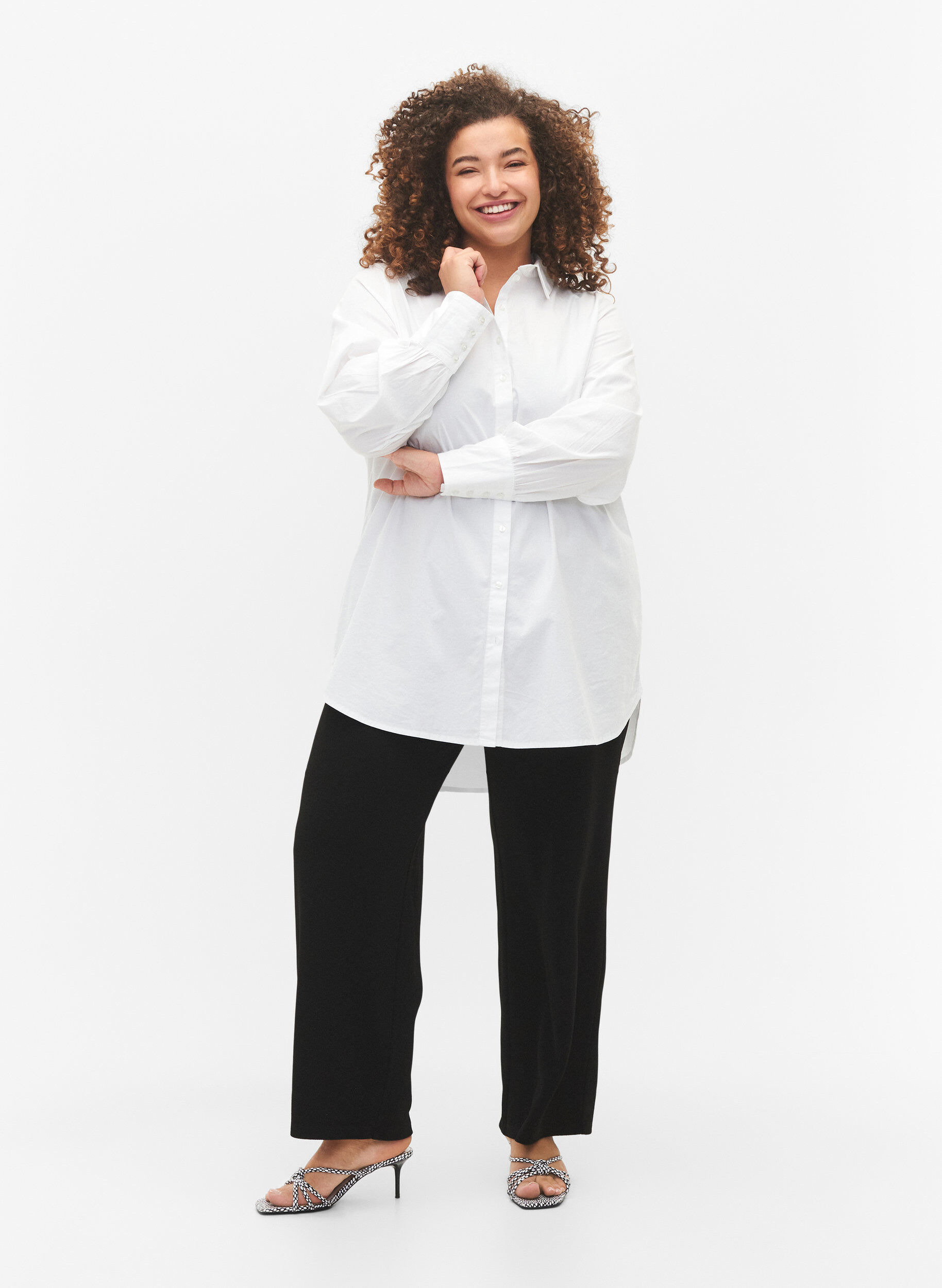 Zizzi Lange katoenen shirt, Bright White, Model image number 2