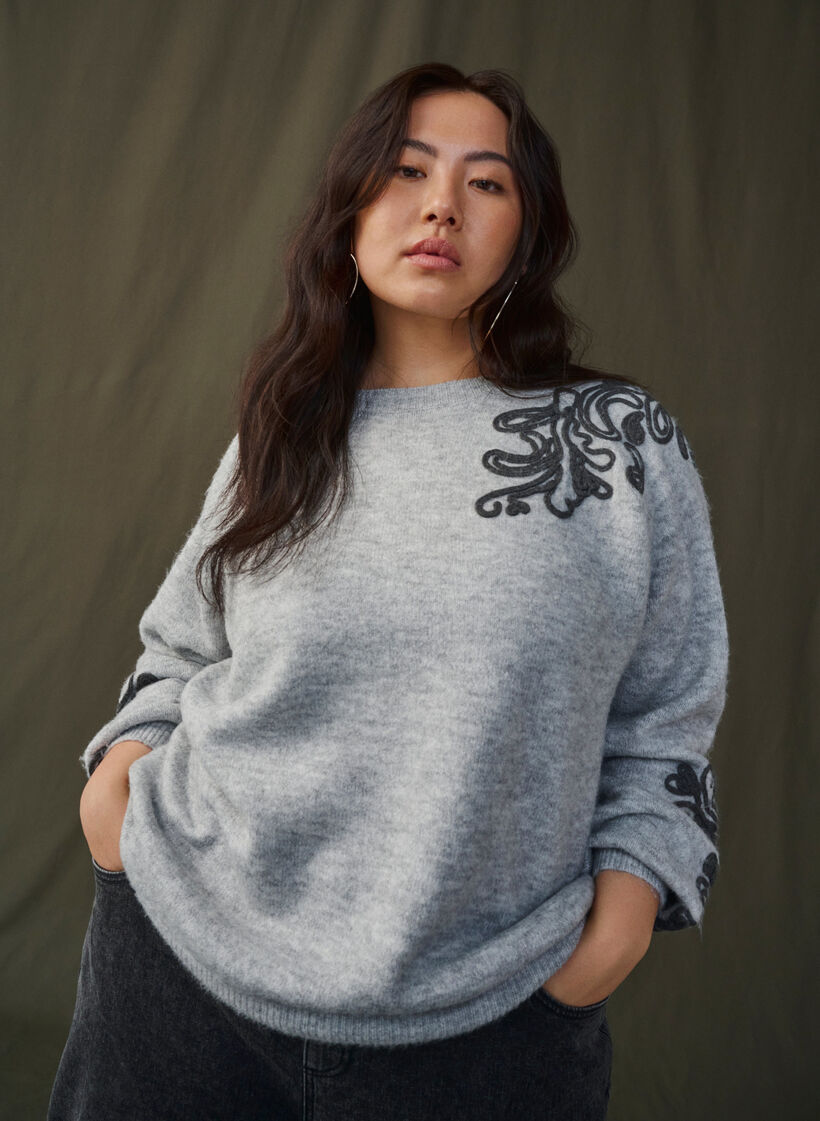 Gebreide blouse met decoratief patroon, Light Grey Melange, Image image number 0