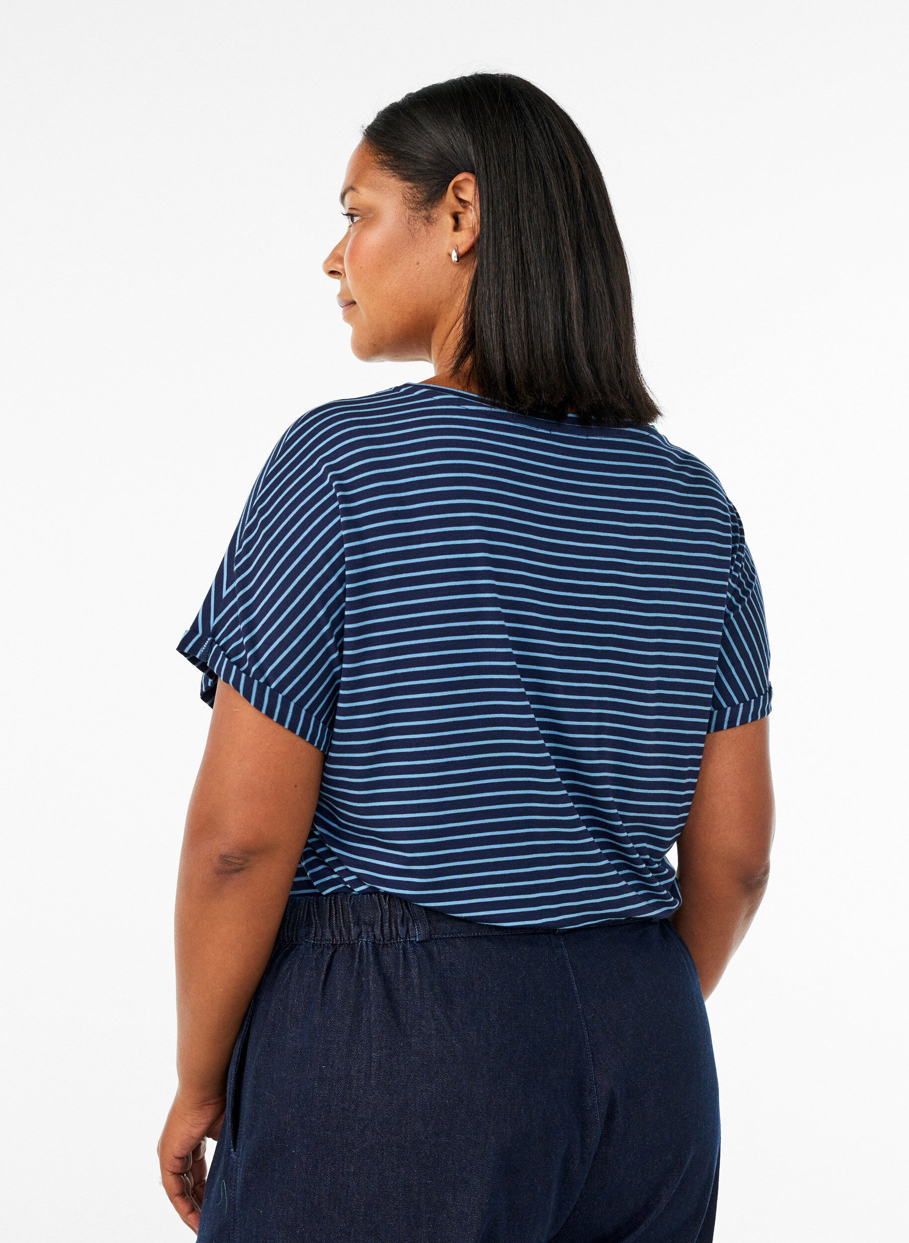ZizziGestreept T-shirt in viscose met een ronde hals, Blauw, Model image number 2