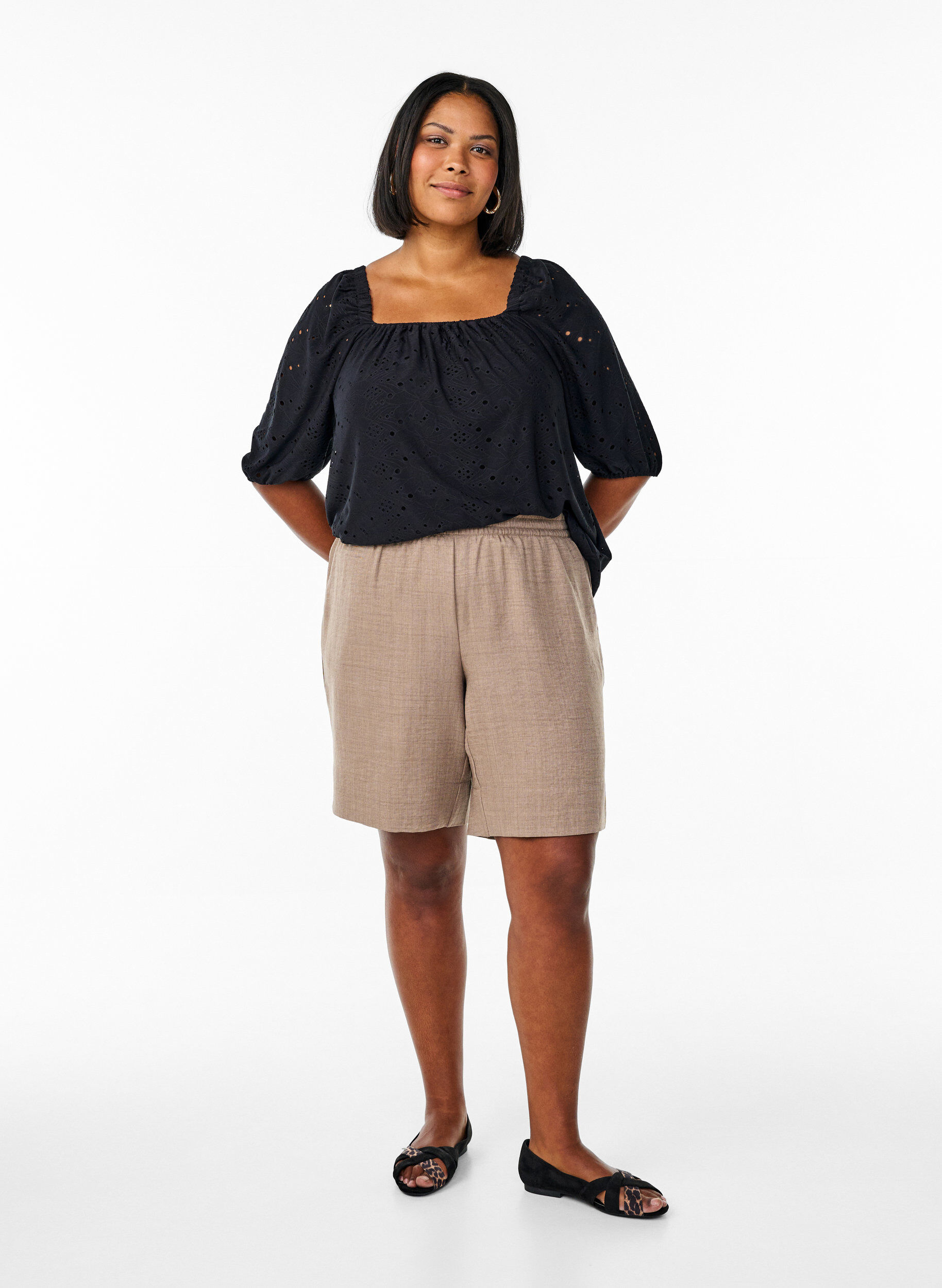 ZizziKorte broek met zakken en hoge taille, Bruin, Model image number 1