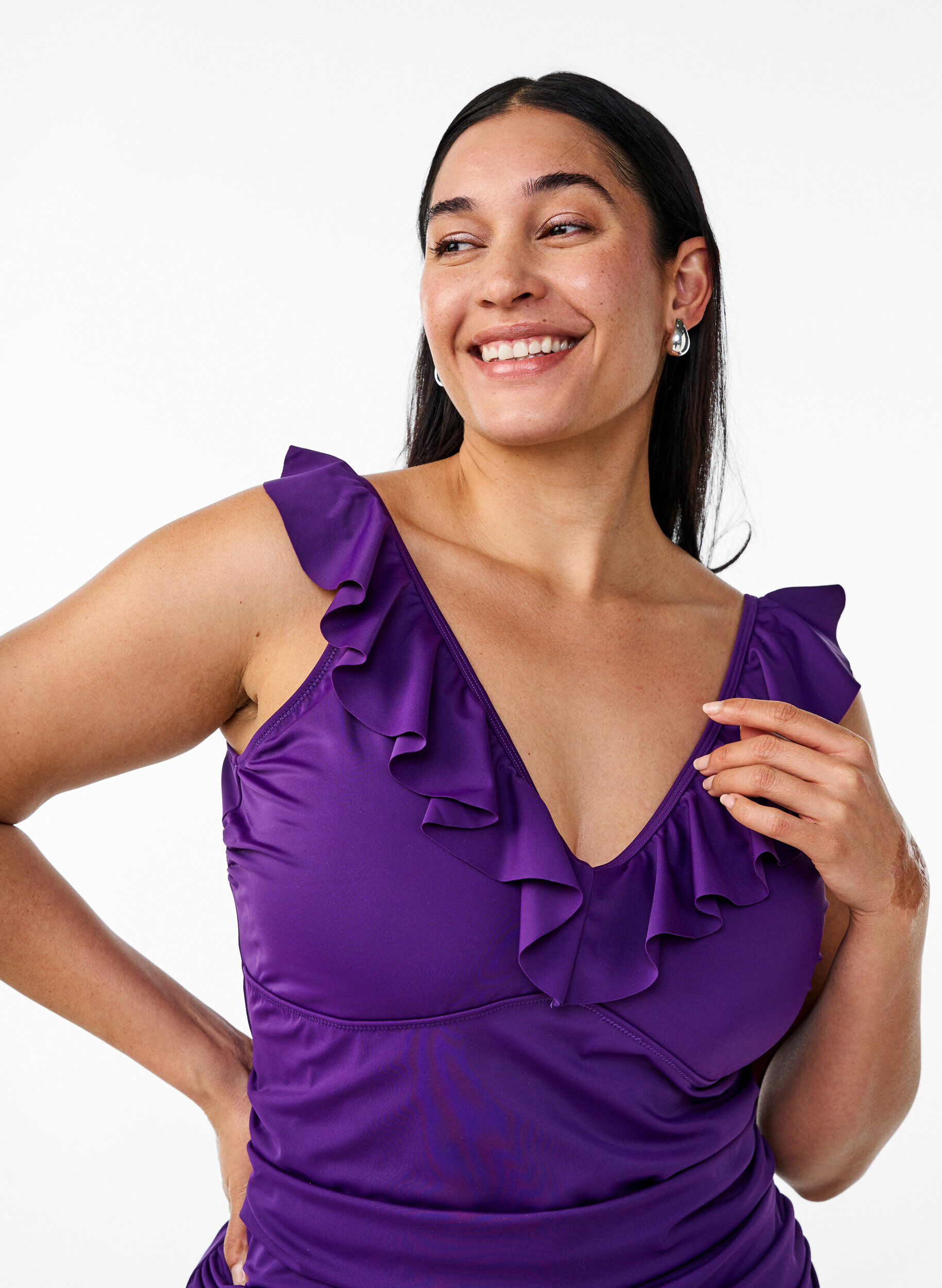 Zizzi Badpak met ruches en afneembare vulling, Paars, Model image number 2