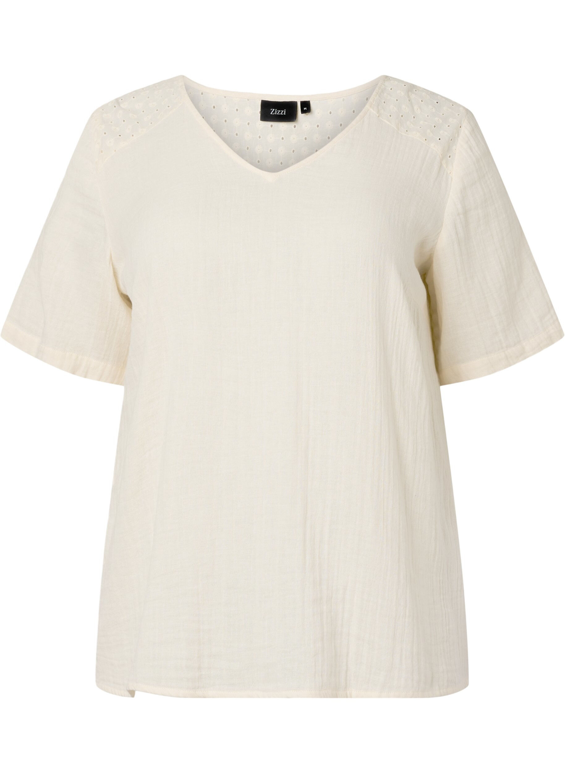 Zizzi Katoenen blouse met borduursel en korte mouwen, Buttercream, Packshot image number 0