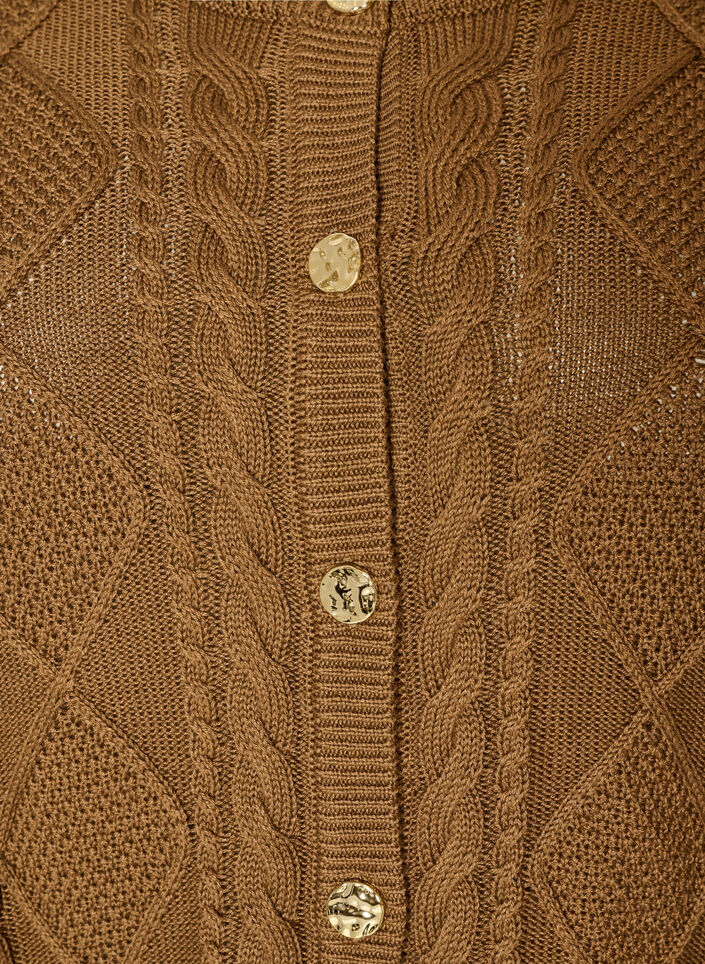 Kabelgebreide cardigan met decoratieve knopen, Bruin, Packshot image number 2