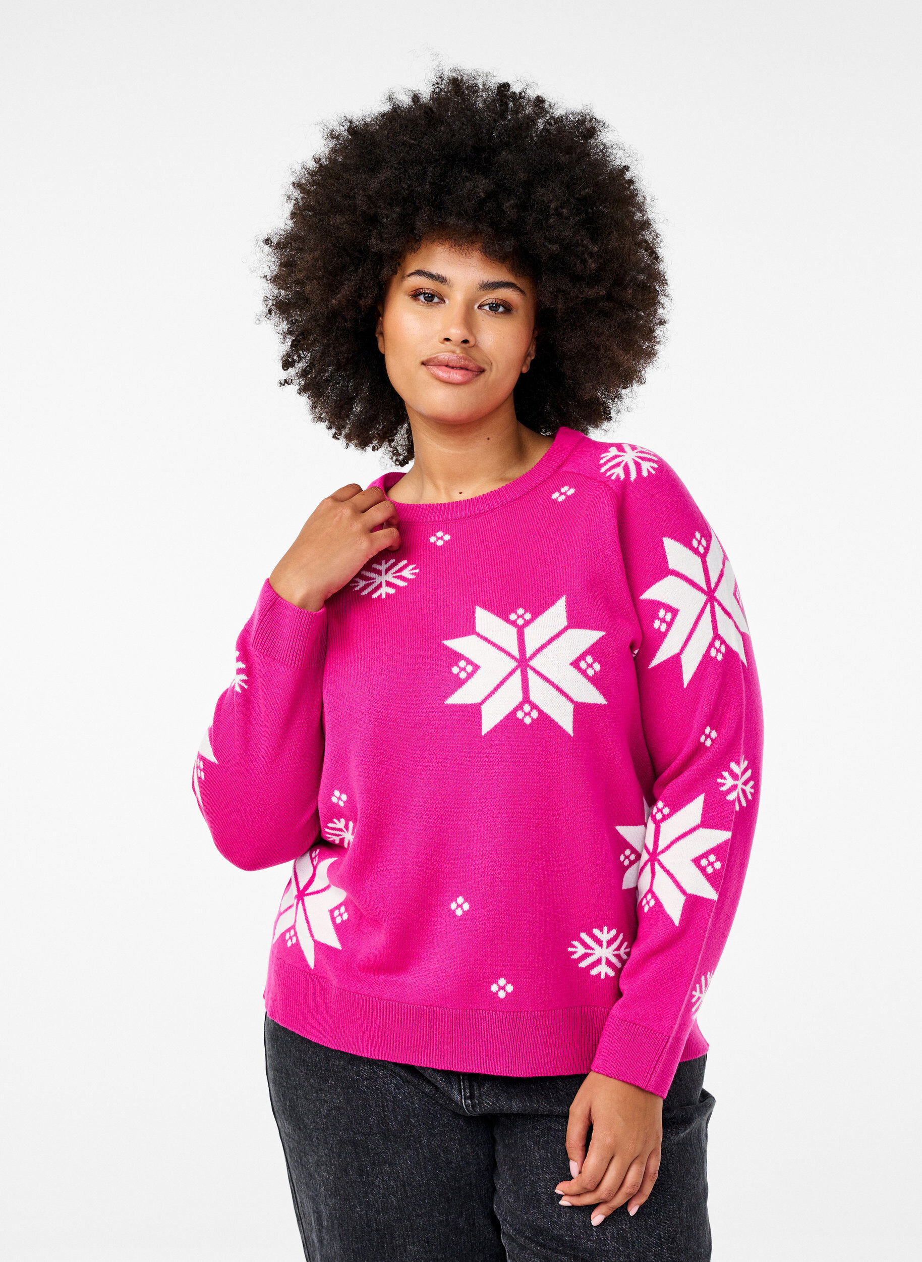 Zizzi Gebreide trui met sneeuwvlokken, Roze, Model image number 0
