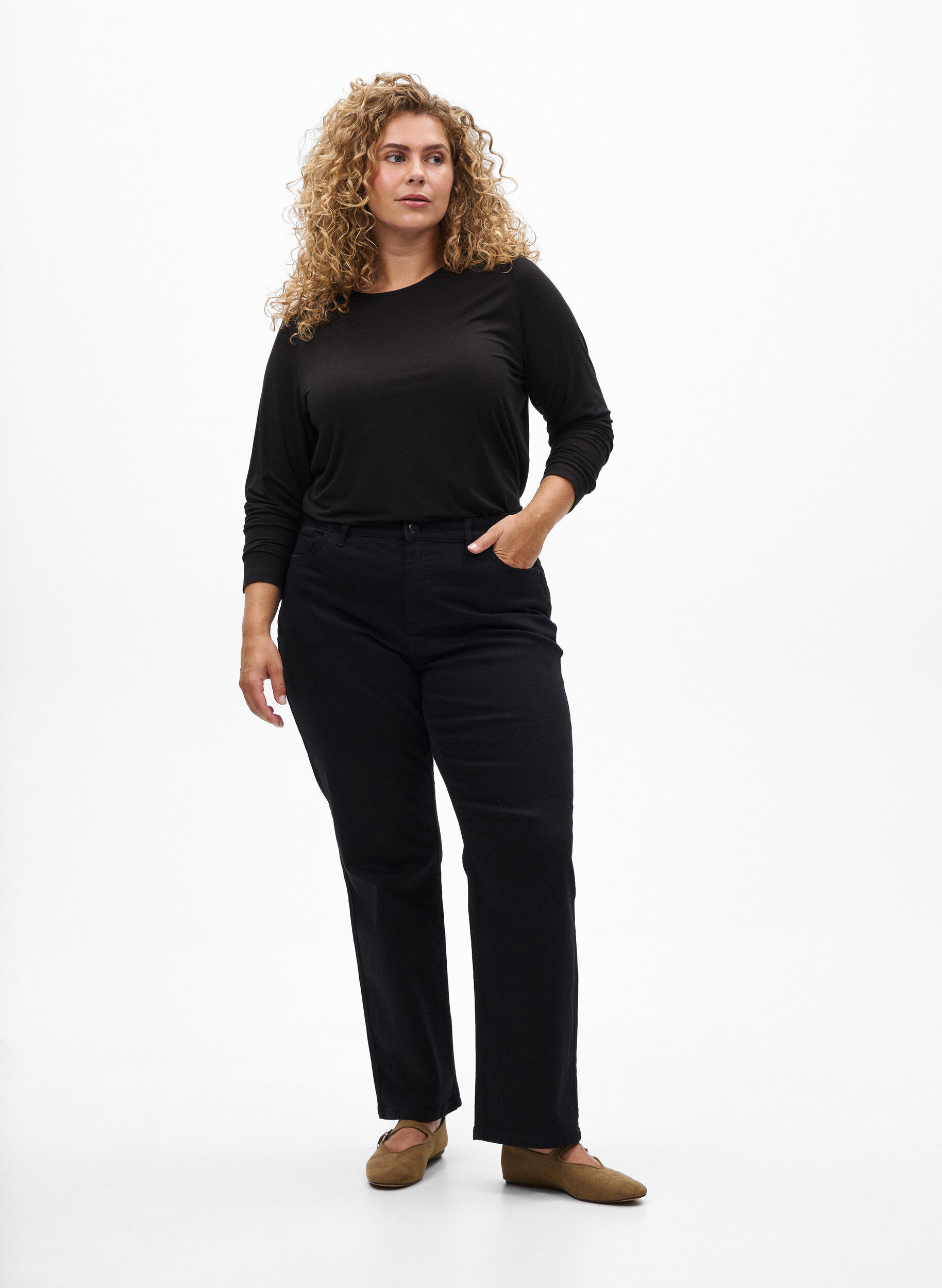 ZizziBlouse met lange mouwen in een effen kleur, Zwart, Model image number 1
