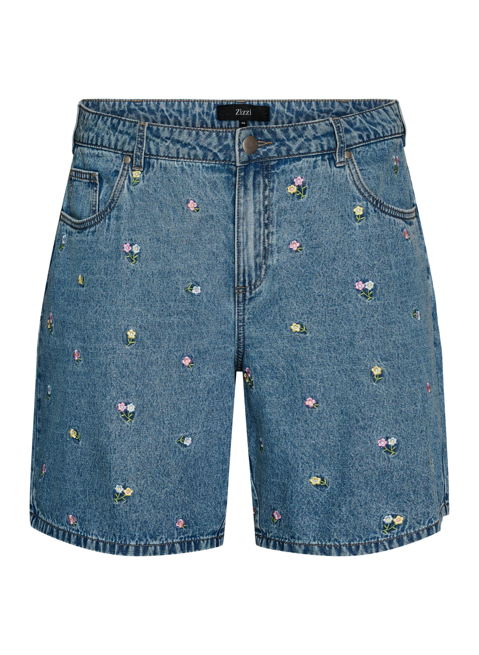 Zizzi Denimshorts met geborduurde bloemen, Blauw, Packshot image number 0