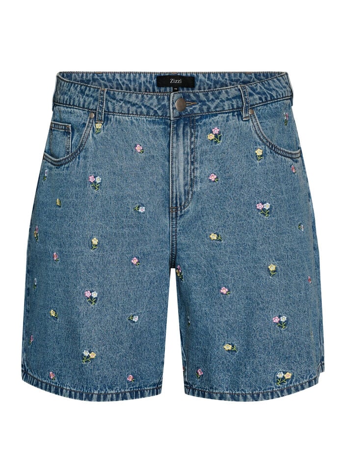 Denimshorts met geborduurde bloemen, Blauw, Packshot image number 0