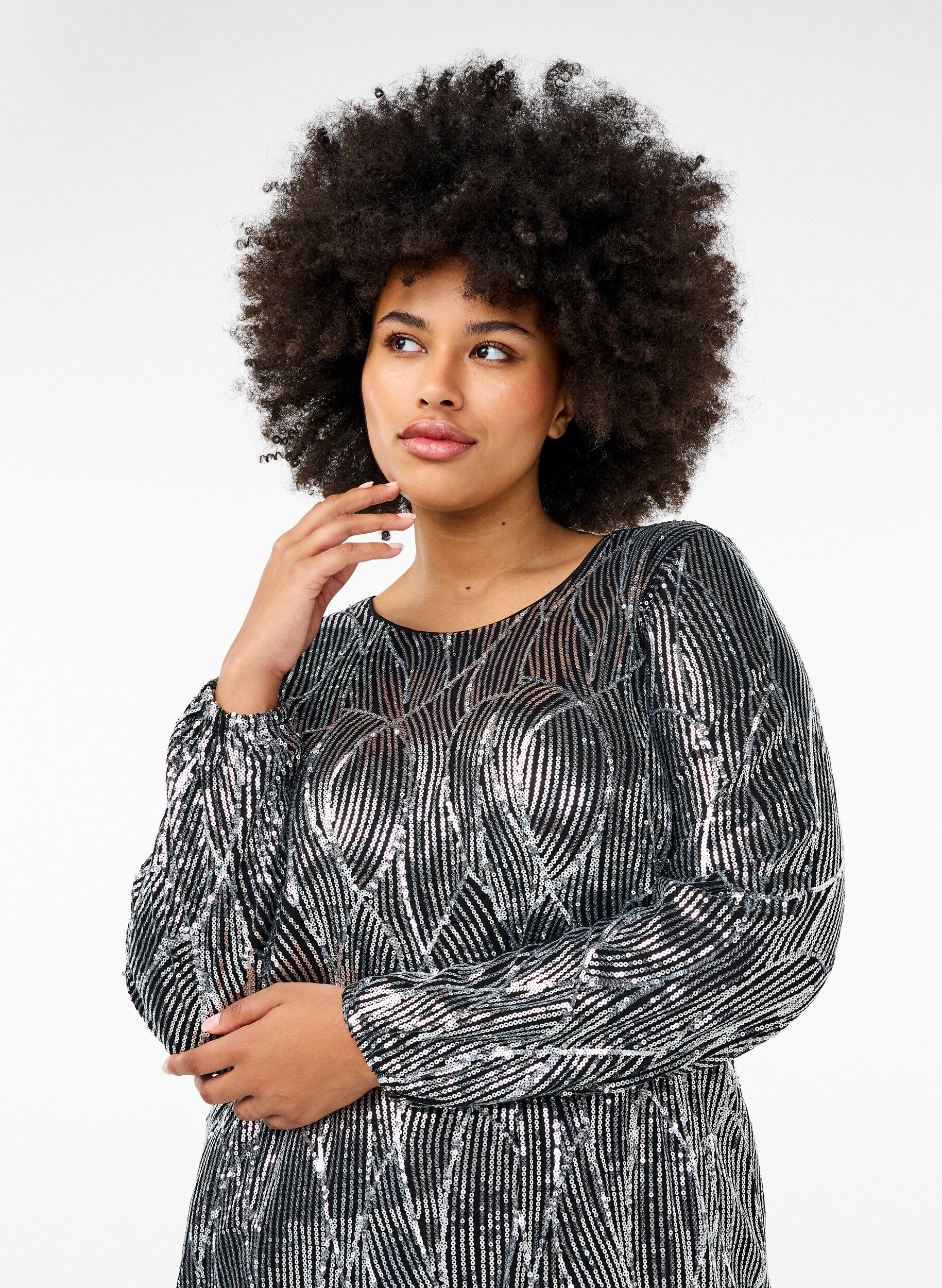 Zizzi Lange mouwen paillettenjurk met patronen, Silver Sequins, Model image number 2