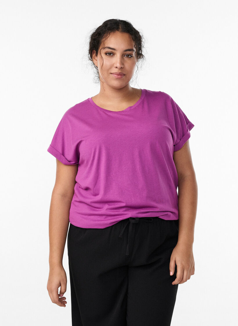 T-shirt met korte mouwen in een katoenmix, Paars, Model image number 0