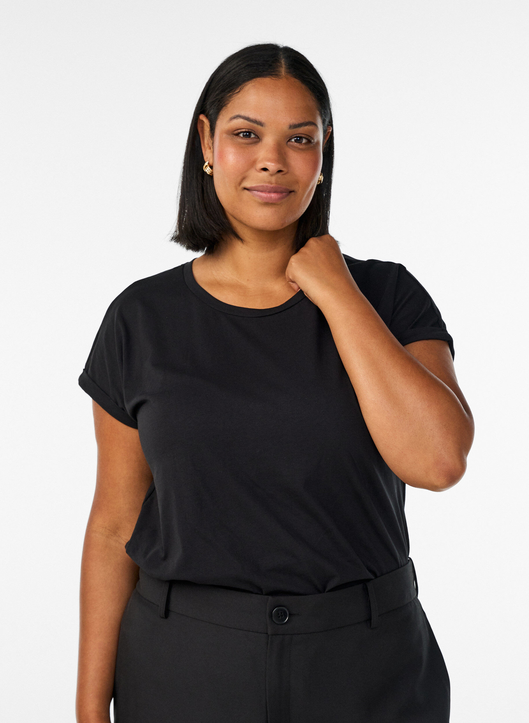 T-shirt met korte mouwen van katoenmix, Zwart, Model