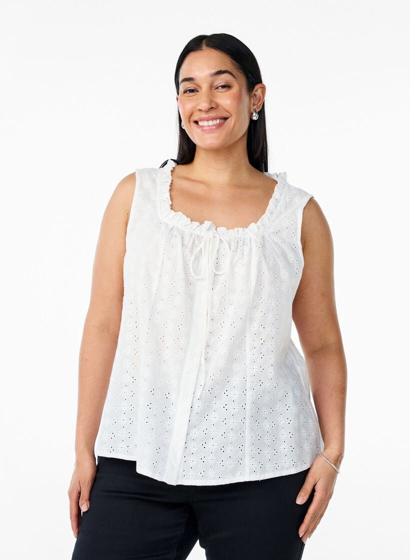 Mouwloze blouse met broderie anglaise en ruches, Vanille, Model image number 0