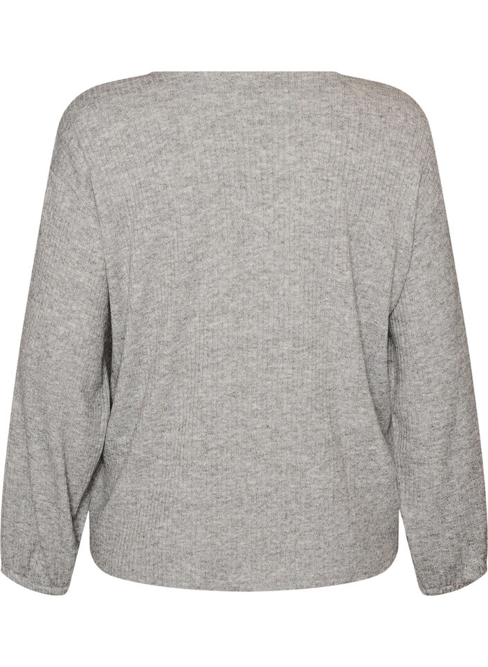 Jersey blouse met geribde textuur en V-hals, Grijs, Packshot image number 1