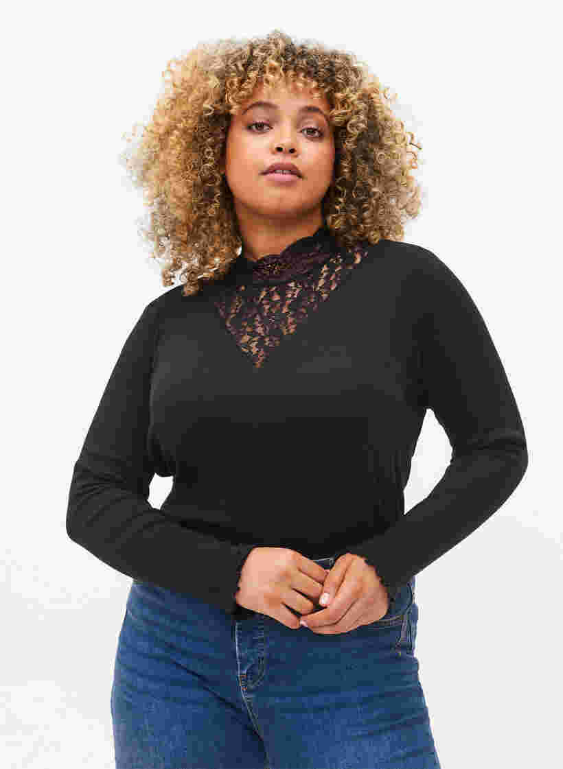 Hoge hals blouse met kant, Black, Model image number 0