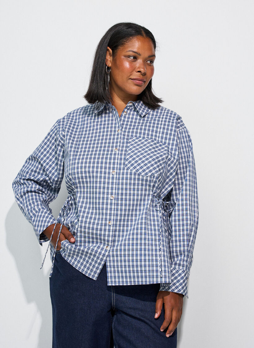 Losvallend geruit overhemd met strikceintuur, Blauw, Model image number 3