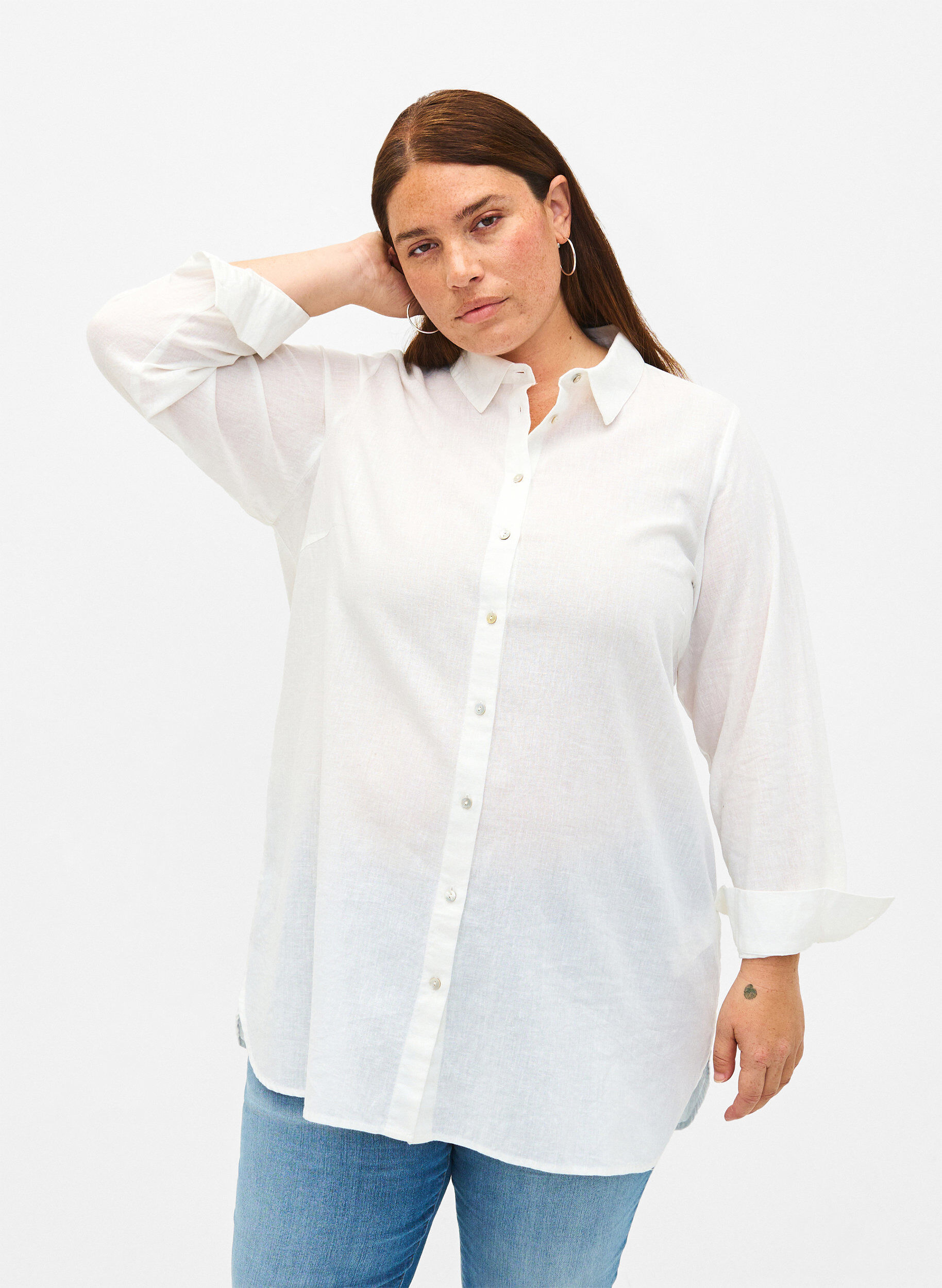 Zizzi Lang shirt van linnen en katoen, Bright White, Model image number 0