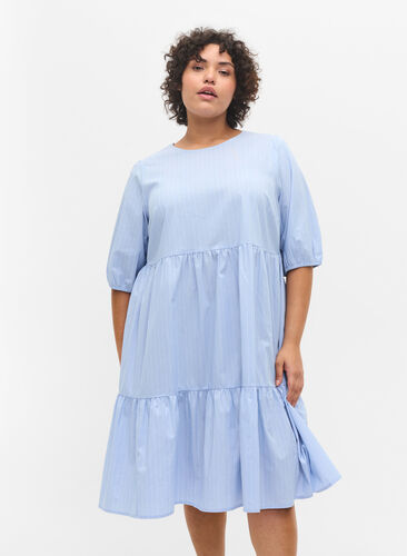Gestreepte jurk met korte pofmouwen, Blue As Sample, Model image number 0