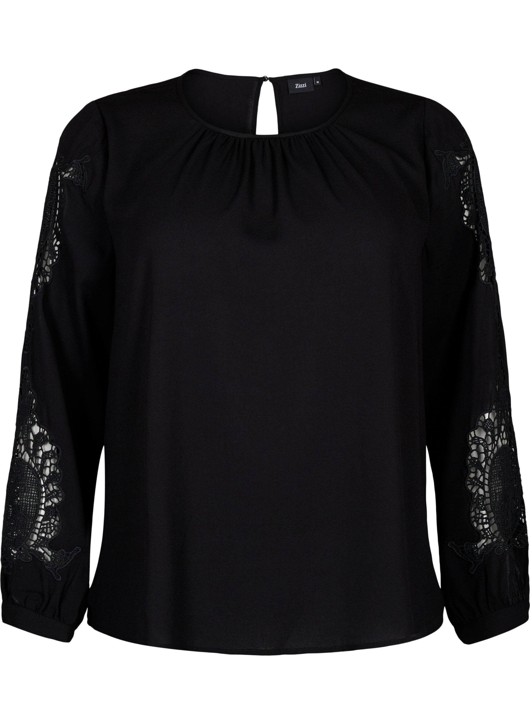 Zizzi Blouse met lange mouwen en gehaakte details, Black, Packshot image number 0