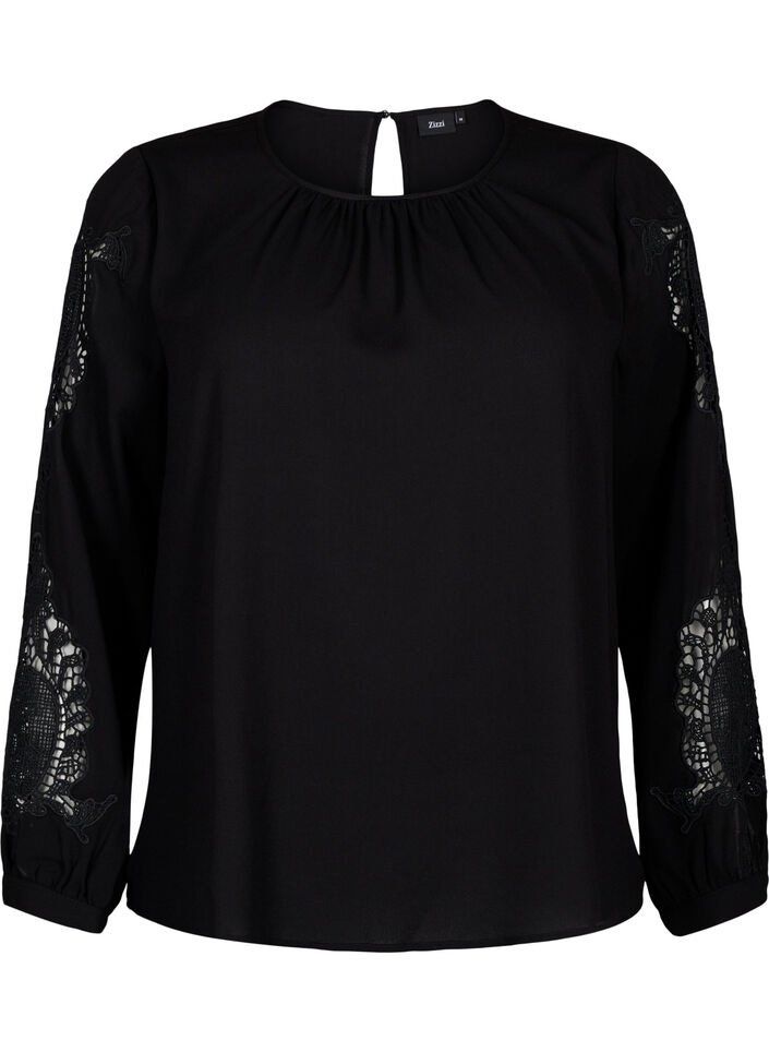 Blouse met lange mouwen en gehaakte details, Black, Packshot image number 0