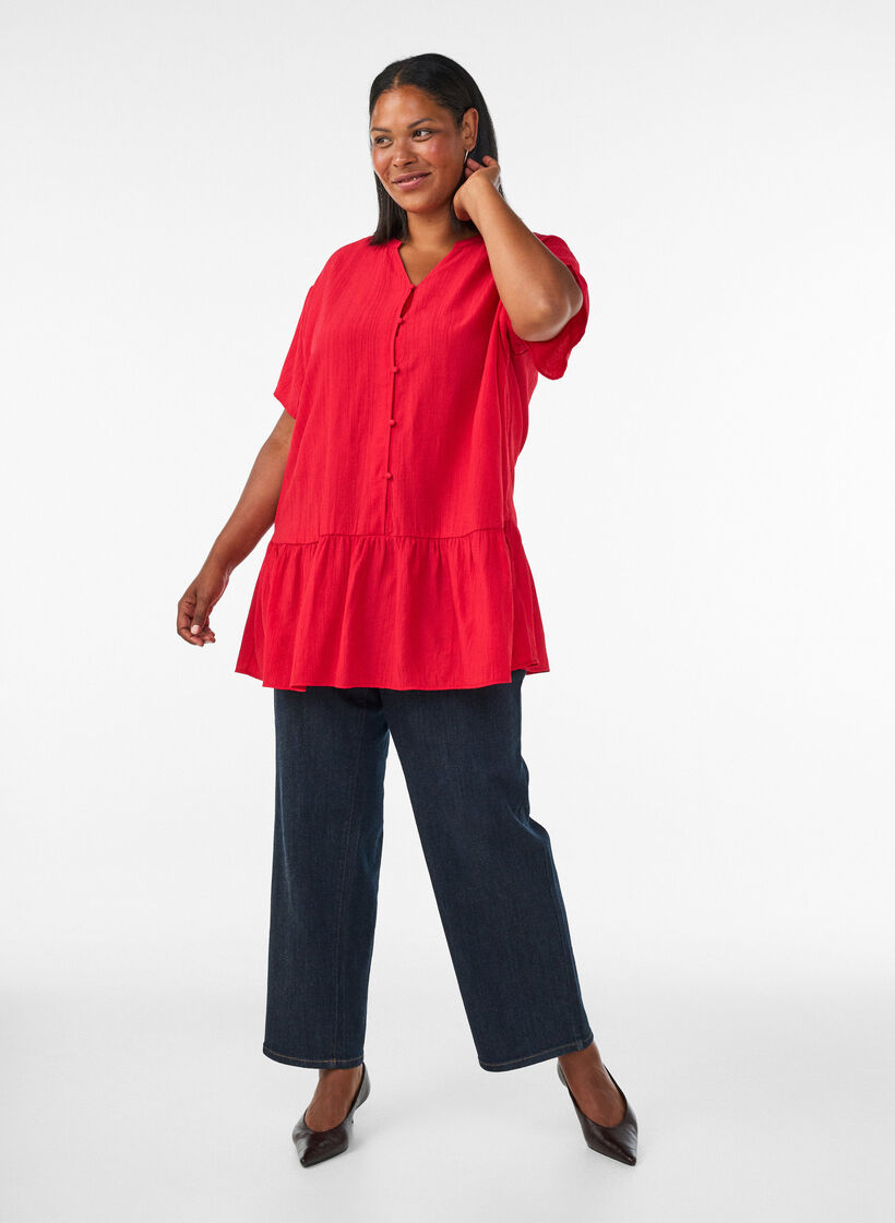 Losse tuniek met gekreukte structuur en rucherand, Rood, Model image number 1