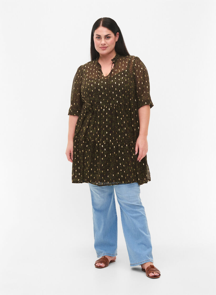 Tuniek met print en lurex, Green Ethnic AOP, Model image number 2