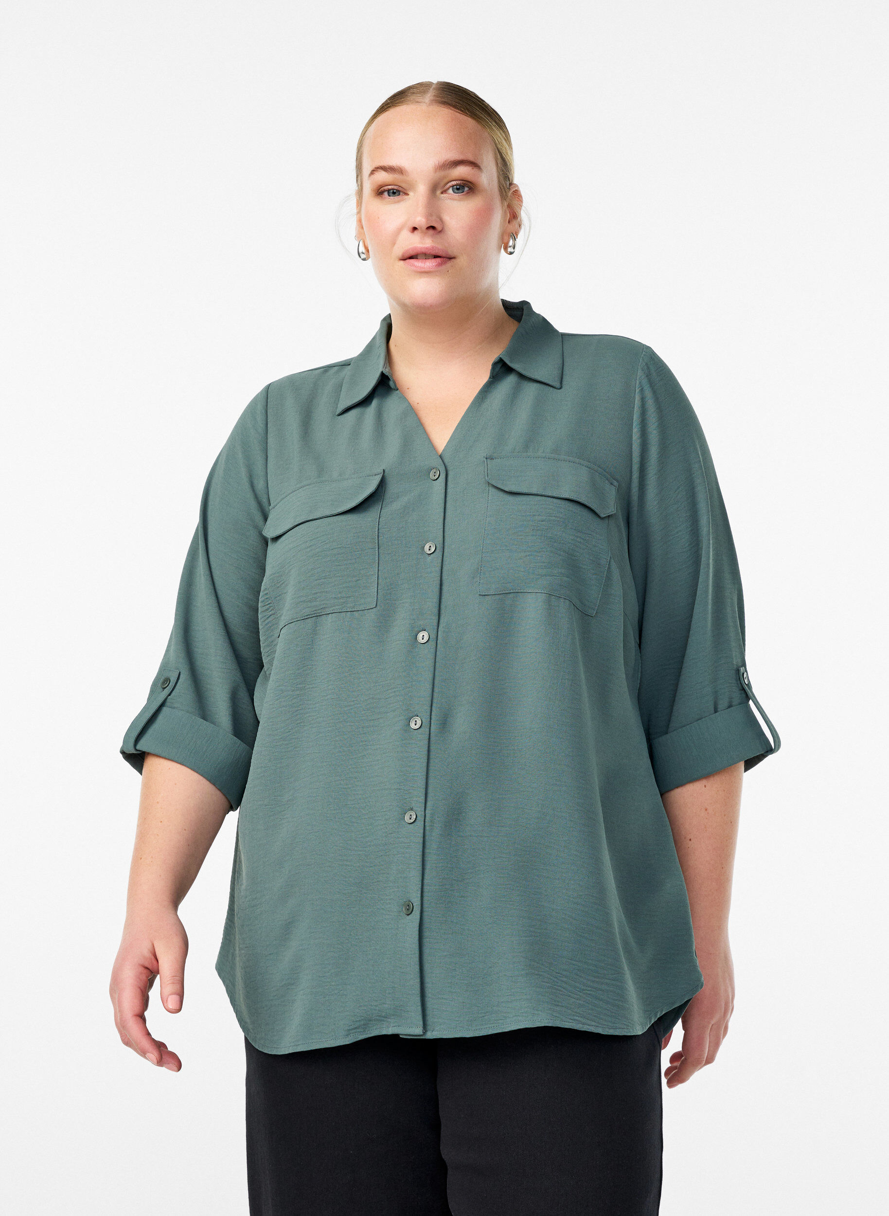 Shirt met 3/4 mouwen en borstzakken, Groen, Model