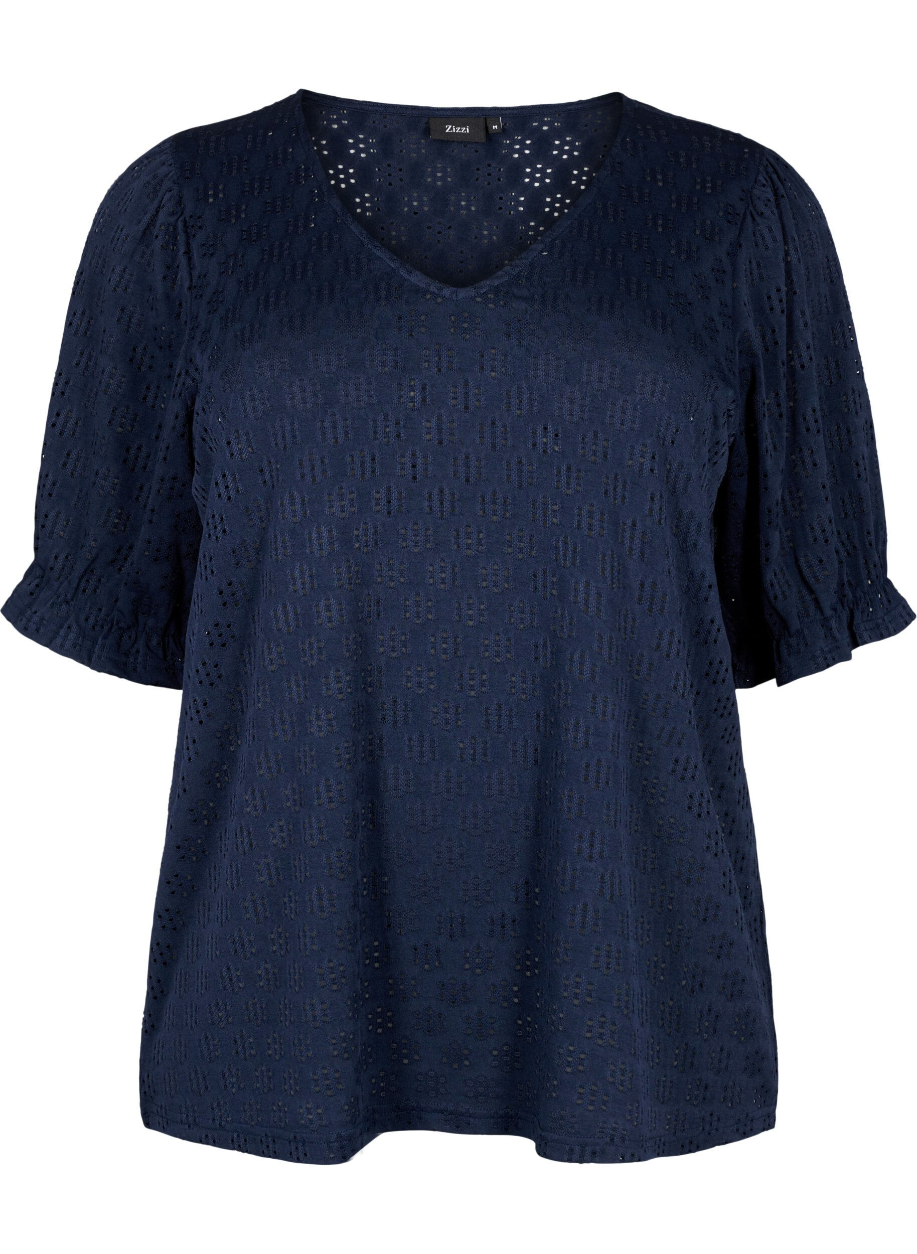 Zizzi Blouse met V-hals en gaatjespatroon, Navy Blazer, Packshot image number 0