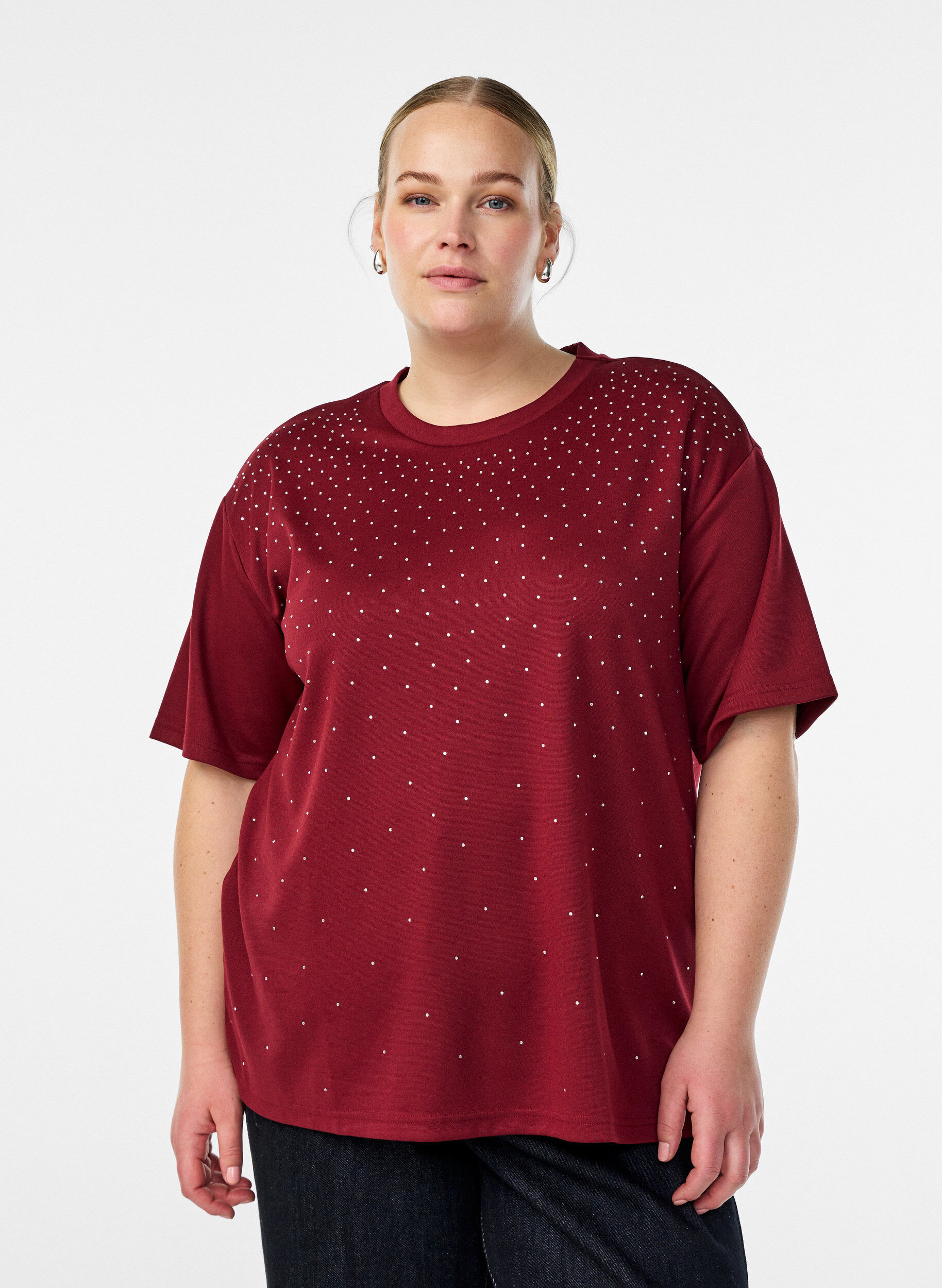 T-shirt met strass-steentjes en ronde hals, Donker Bordeaux, Model