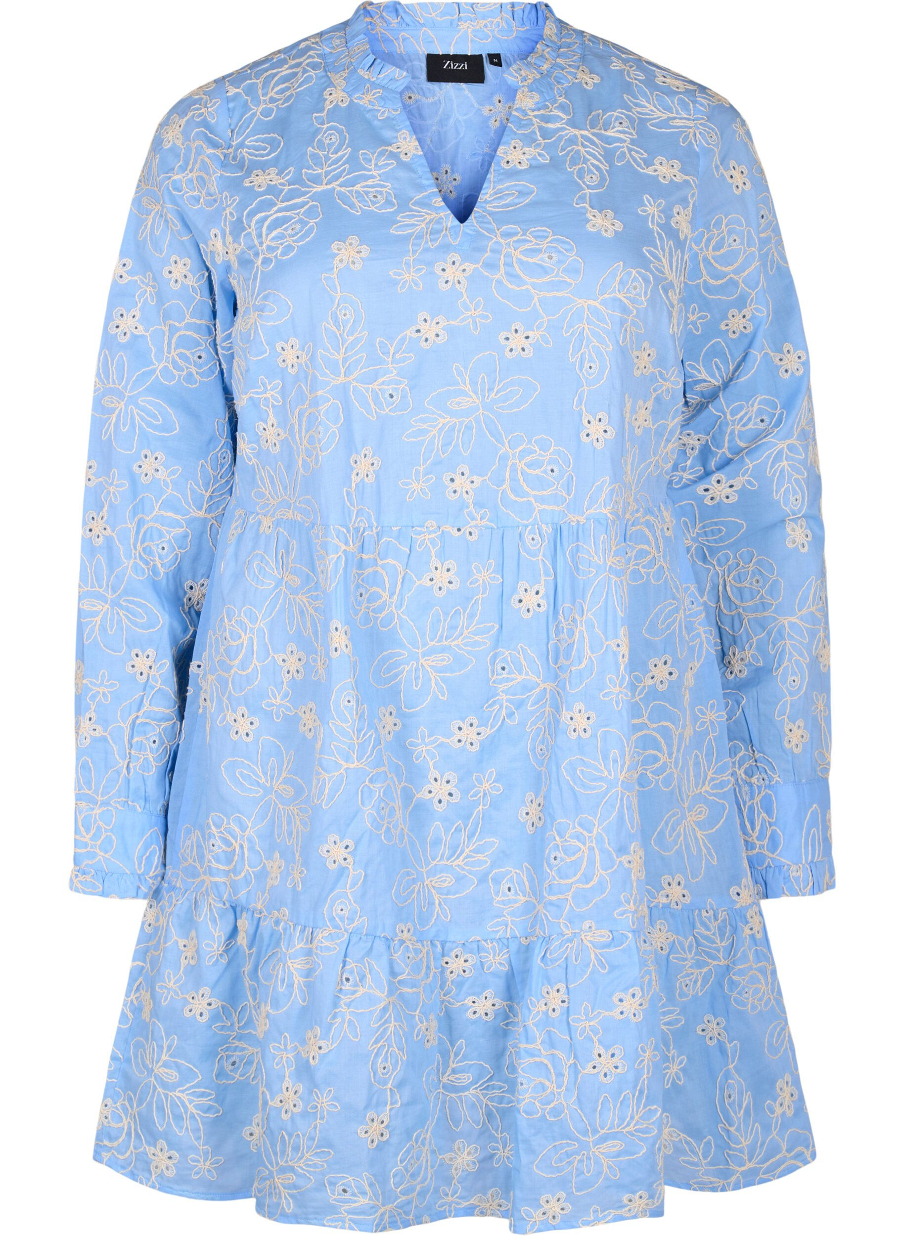 Zizzi Jurk met geborduurde bloemen en lange mouwen, Blauw, Packshot image number 0