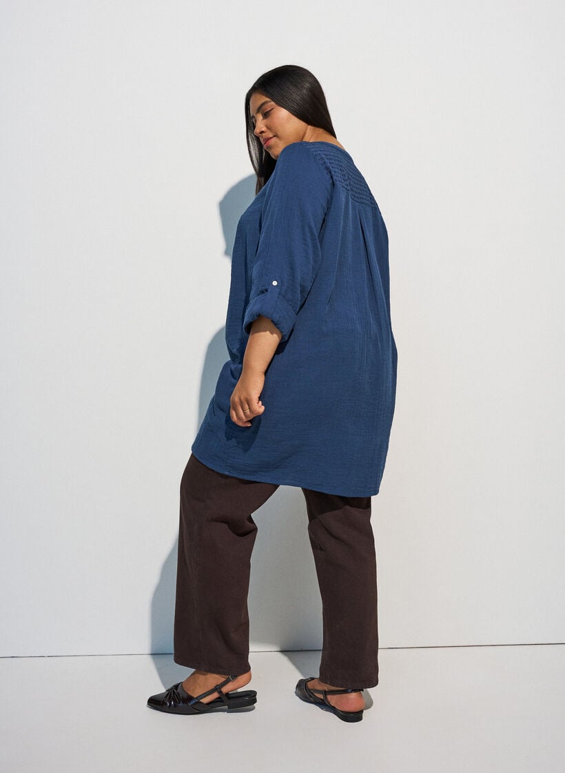 Katoenen mousseline tuniek met broderie anglaise, Blauw, Model image number 2