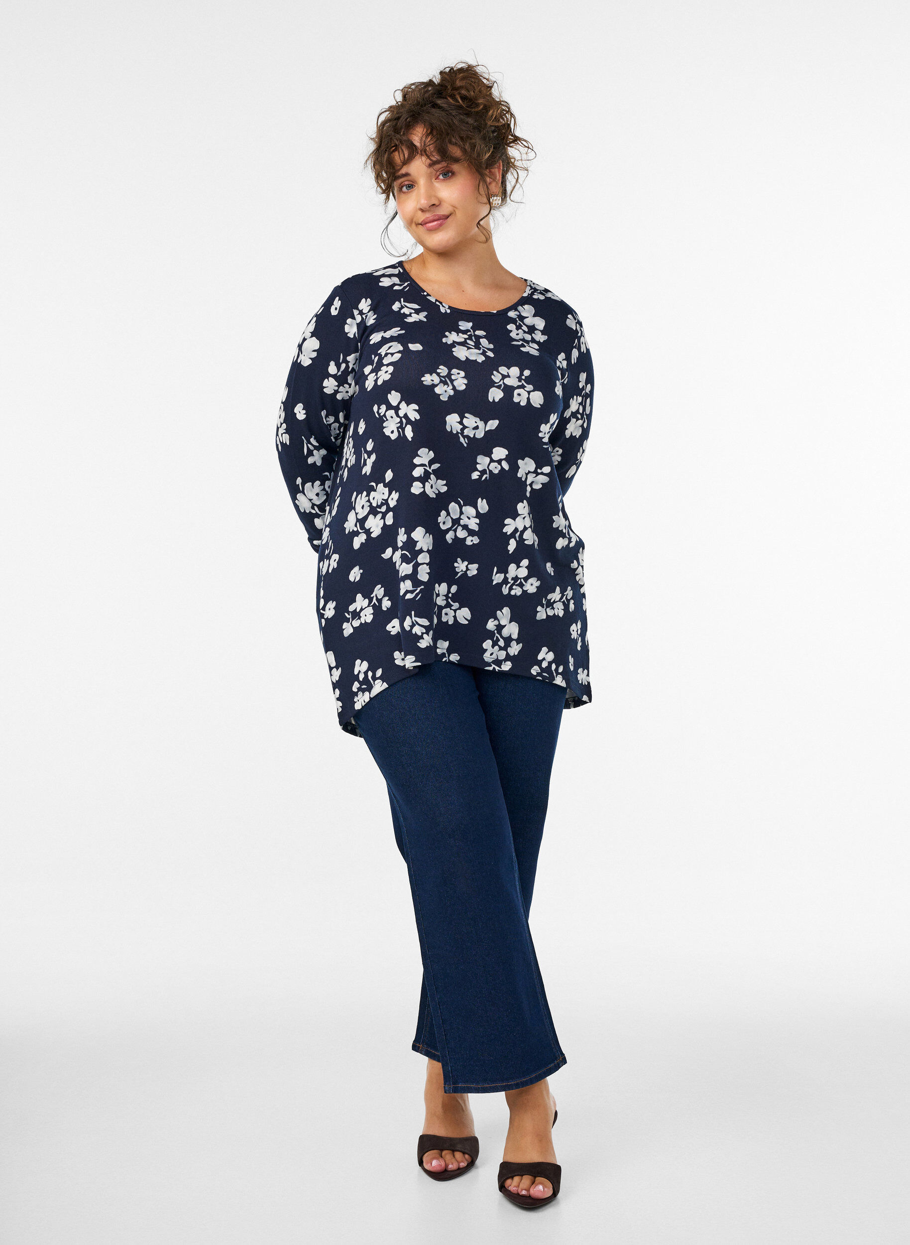 ZizziGebloemde blouse met lange mouwen, Blauw, Model image number 1